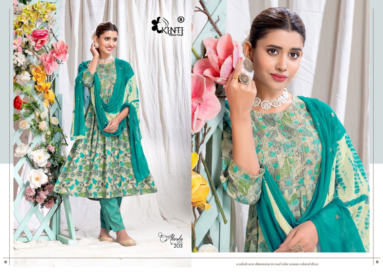 Akansha Vol 2 By Kinti Printed Naira Cut Kurti With Bottom With Dupatta 
